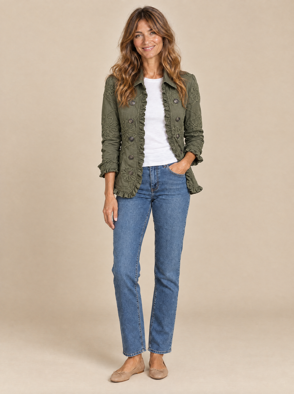 Chaqueta Bordada con Volantes Adela – Verde Oliva