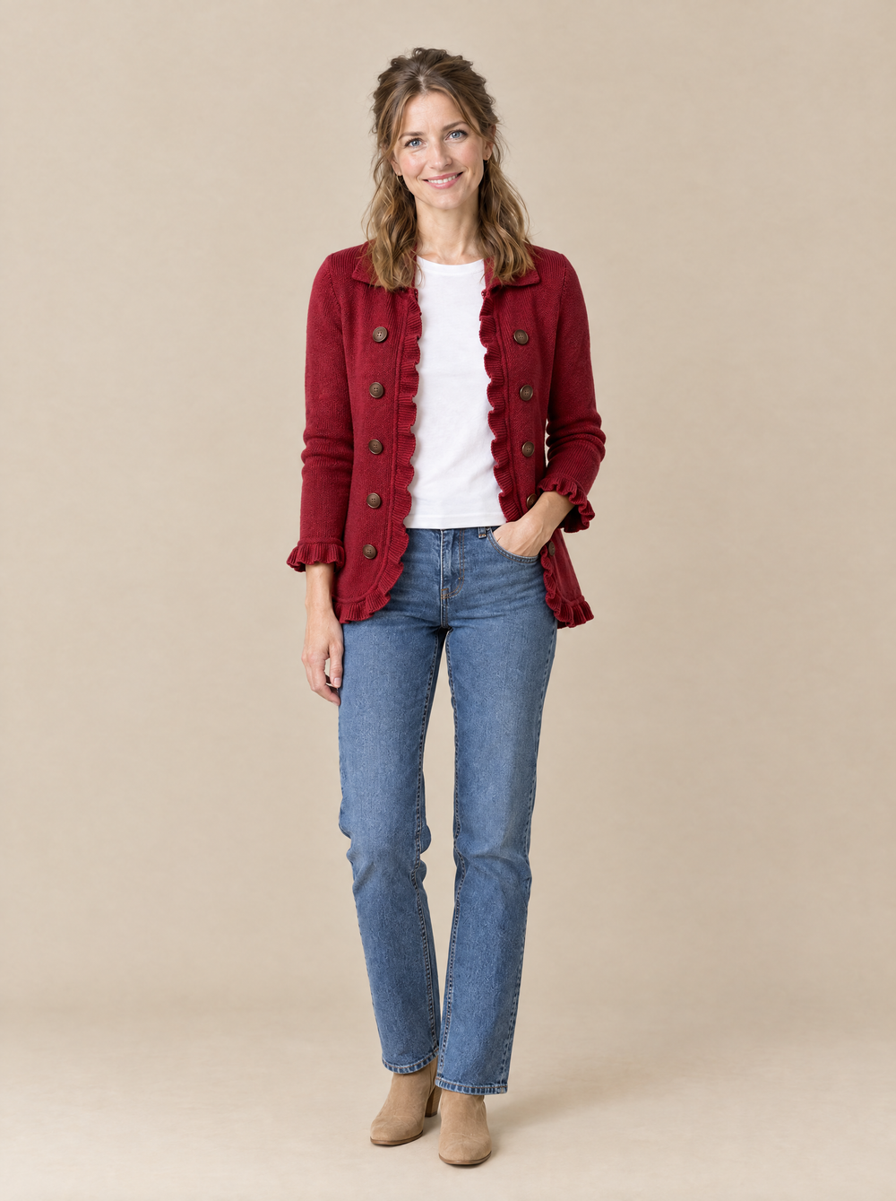 Chaqueta de Punto Rojo Rubí con Volantes Belén