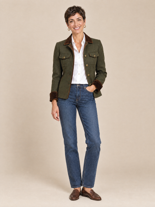 Blazer Vintage de Espiga con Puños en Contraste Verónica – Verde Oliva