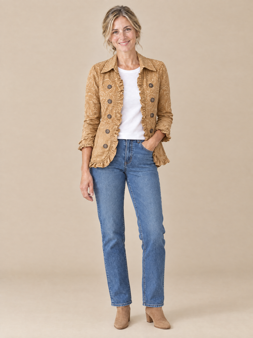 Chaqueta Caqui con Estampado en Relieve y Volantes Maribel – Caqui
